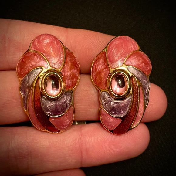 Artisan Jewelry - Handmade Vintage Artisan Pink Tourmaline, Enamel & Gold Gemstone Earrings